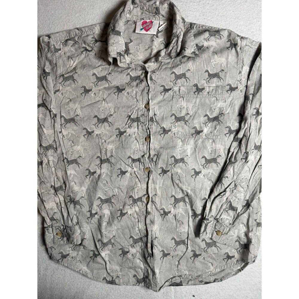 Keren Hart Novelty Print Button Up Shirt Womens Large White Vintage Horsesw